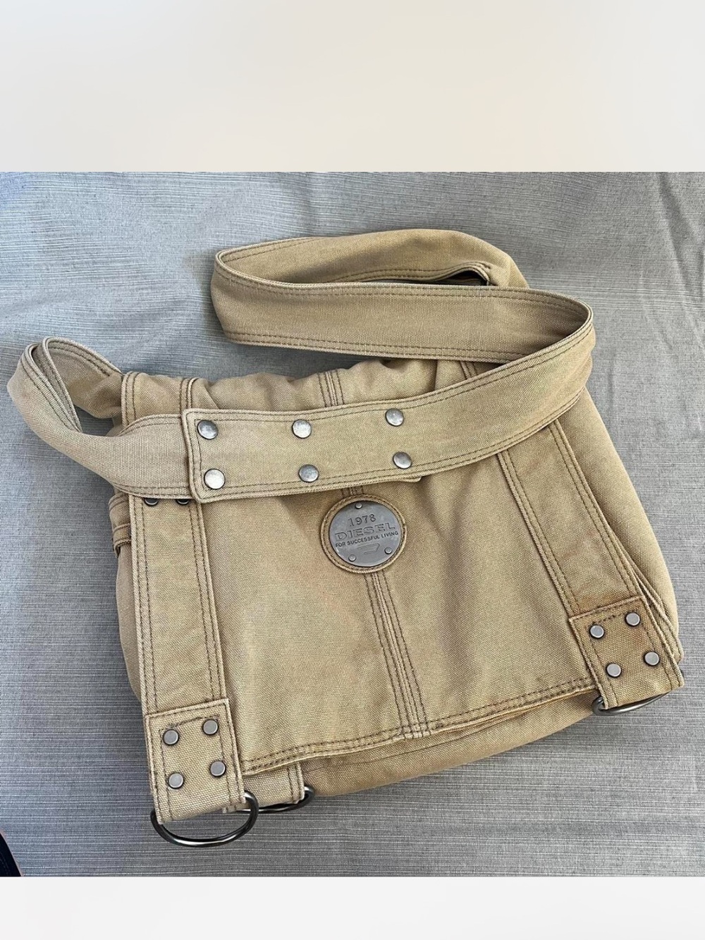 Diesel Tan Canvas Messenger Bag with Metal Rivet Detail
